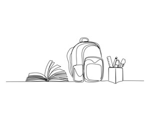 Continuous one line drawing of school bag and books. Stationery outline vector illustration. Back to school and education concept. Editable stroke. - obrazy, fototapety, plakaty
