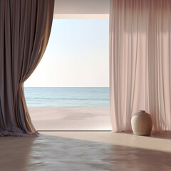 Empty room in luxury summer beach house with sea view behind curtains.