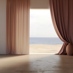 Empty room in luxury summer beach house with sea view behind curtains.