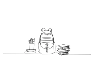 Papier Peint photo autocollant Une ligne Continuous one line drawing of school bag and books. Stationery outline vector illustration. Back to school and education concept. Editable stroke.