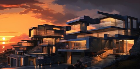 A modern house on a cliff with a sunset in the background