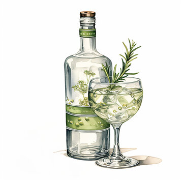 gin bottle and cocktail watercolor clip art preview