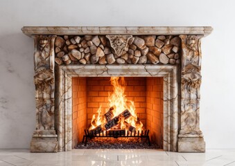 Decorative fireplace with a burning flame isolated on a white background