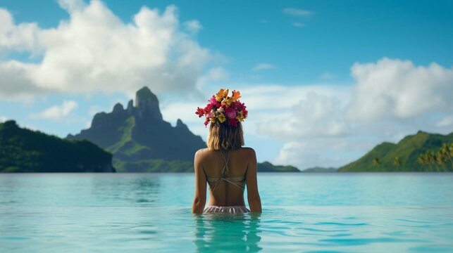 Barefoot woman stands on the edge of an infinity pool wearing colorful flower crown on vacation at beautiful tropical island