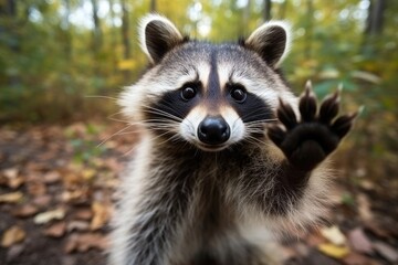 A raccoon standing on its hind legs in the woods
