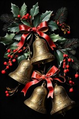christmas bells with red ribbon and leaves