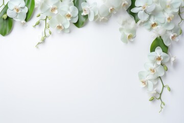 A white flower with green leaves on a white background