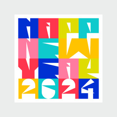 Happy New year greeting card template. Funny colorful lettering design with calendar date. Flat vector design.