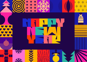 Happy New year greeting card template. Funny colorful lettering design with Christmas decoration pattern. Flat vector design.