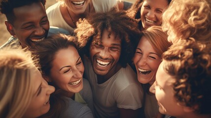 Happiness group of people huddle and smiling together. Solidarity and teamwork concept. - obrazy, fototapety, plakaty