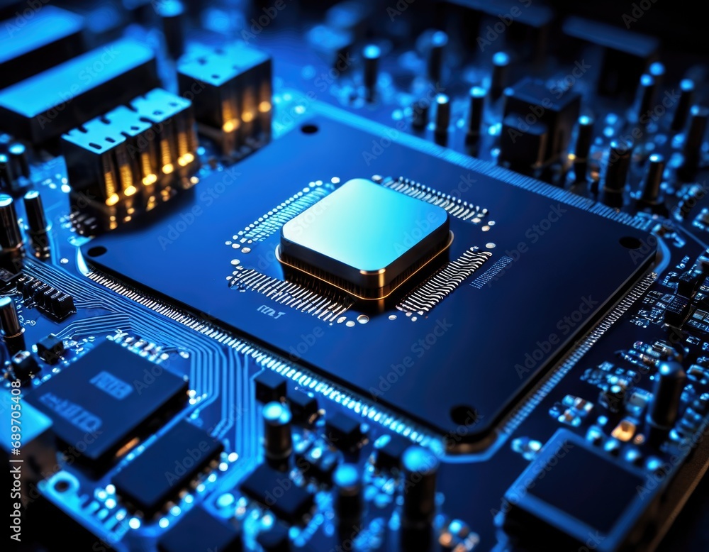 Poster green detailed closeup macro electronic printed circuit board for engineering and technology hardwar