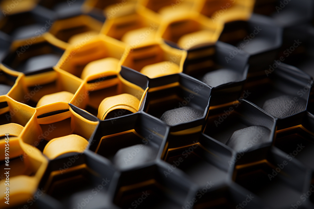 Poster abstract and minimal depiction of a bee hive, using geometric shapes to create a modern and artistic