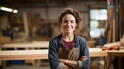 Portrait of carpenter woman smiling at factory - obrazy, fototapety, plakaty
