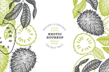 Hand drawn sketch style soursop fruit banner. Organic fresh fruit vector illustration. Retro guanabana design template