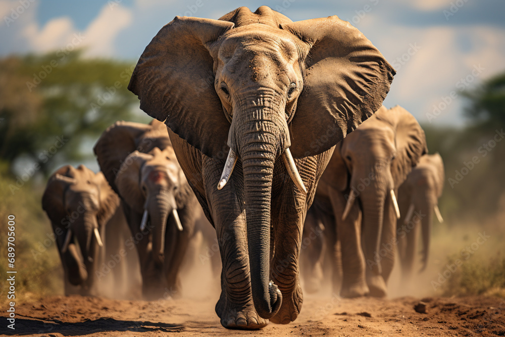 Poster contoured and minimalistic representation of elephants marching in a parade, creating a modern and s