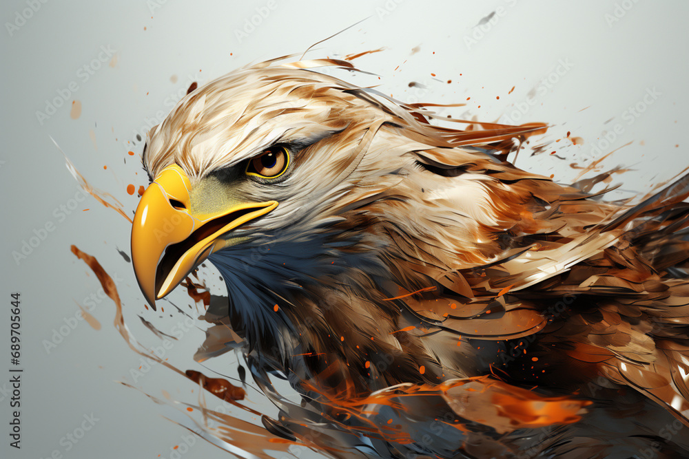 Poster abstract and minimal depiction of an eagle soaring, using computer graphics to create a contemporary