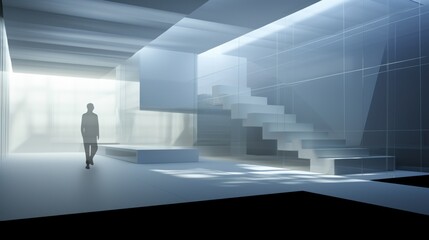 image of People silhouettes at modern office building with transparent glass windows