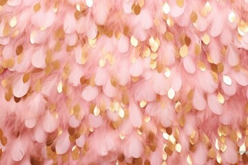 Beautiful pink and golden feathers background in pastel colors. Closeup of colorful fluffy feather. Peach fuzz - color of the year 2024. Minimal abstract pattern with copy space