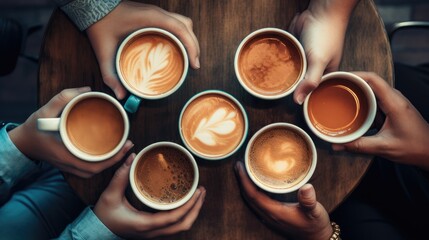 Obraz na płótnie Canvas Closeup of people holding coffee latte art with high angle view.