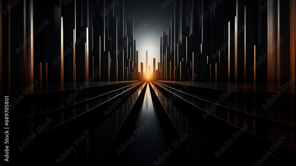 Poster a minimalist representation of a futuristic cityscape with sleek skyscrapers and dynamic geometric s