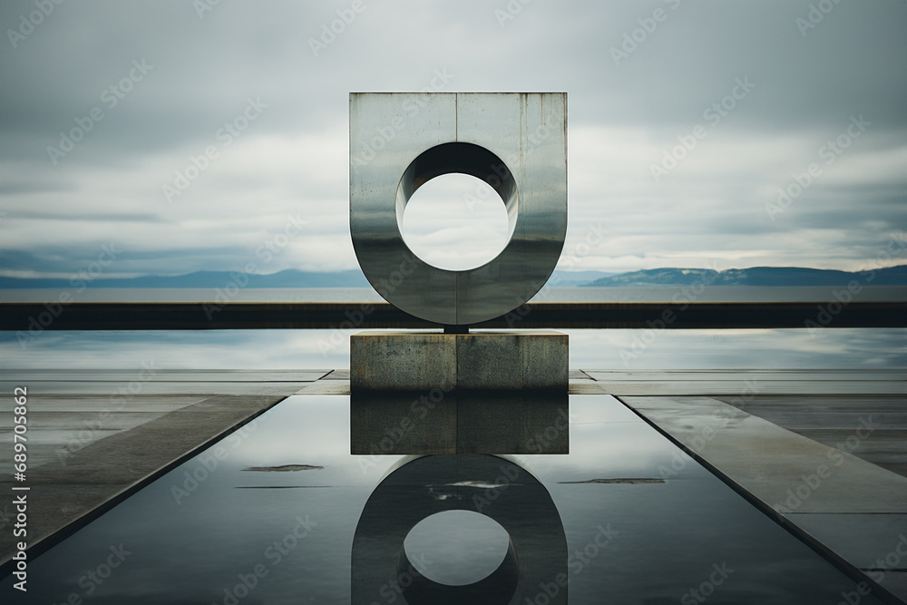 Poster minimalist sculpture symbolizing the concept of quantum encryption, portraying the secure communicat