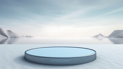 3d render round platform on water and sand with glass wall panels. Minimal landscape mockup for product showcase banner in blue colors. Modern promotion mock up. Generative Ai - obrazy, fototapety, plakaty
