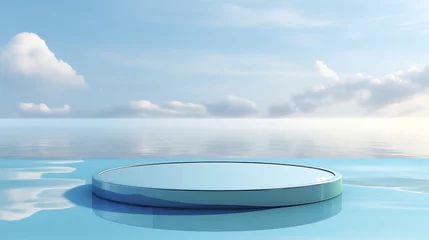  3d render round platform on water and sand with glass wall panels. Minimal landscape mockup for product showcase banner in blue colors. Modern promotion mock up. Generative Ai © mahaart