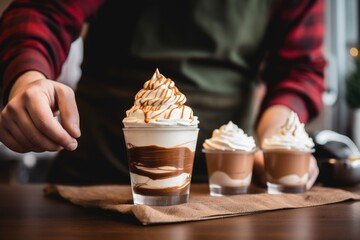 barista decorating hot chocolate with a whipped cream topping - obrazy, fototapety, plakaty