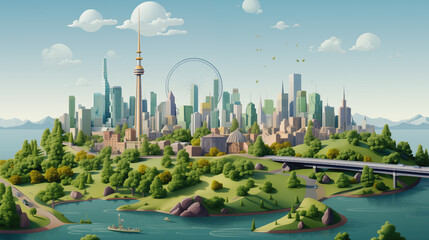 metropolitan city panoramic view, rendering, animation style