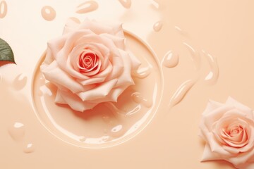 Romantic creative layout with roses floating in water. Minimal nature abstract backdrop. Spa and cosmetic concept background, banner, card. Valentine or woman day. Peach fuzz - color of the year 2024