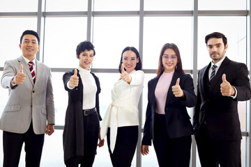 Portrait of five businesspeople, group of businessmen and businesswomen confident standing and give...