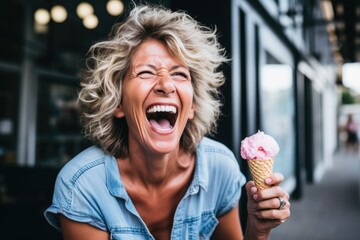 woman twisted in laughter while eating ice cream - obrazy, fototapety, plakaty
