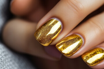 Woman hand with marigold yellow nail polish on her fingernails. Golden nail manicure with gel polish at a luxury beauty salon. Nail art and design. Female hand model. French manicure.