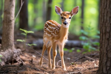 A small deer standing in the middle of a forest