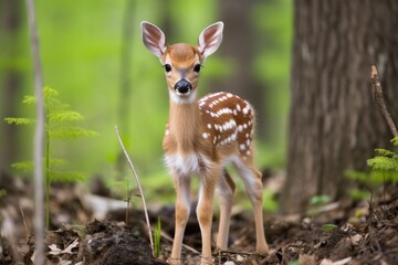 A small deer standing in the middle of a forest