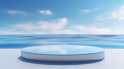 Fototapeta na wymiar 3d render round platform on water and sand with glass wall panels. Minimal landscape mockup for product showcase banner in blue colors. Modern promotion mock up. Generative Ai