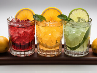 three shot glasses with different colors cocktails, white background, green, orange,red,  lemon slice