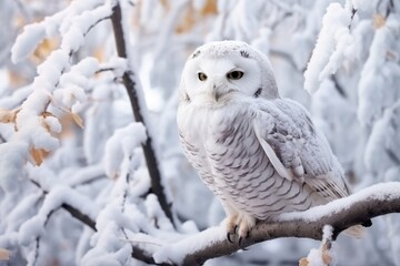 An owl is perched on a snowy branch