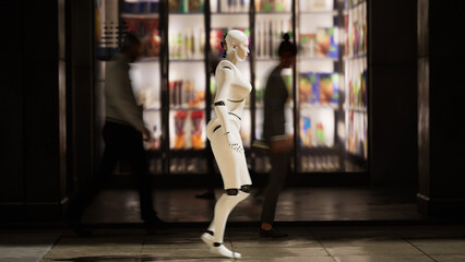 female robot walking along a street in a big city. humanoid AI robot crossing street. 3d render. future automation job.