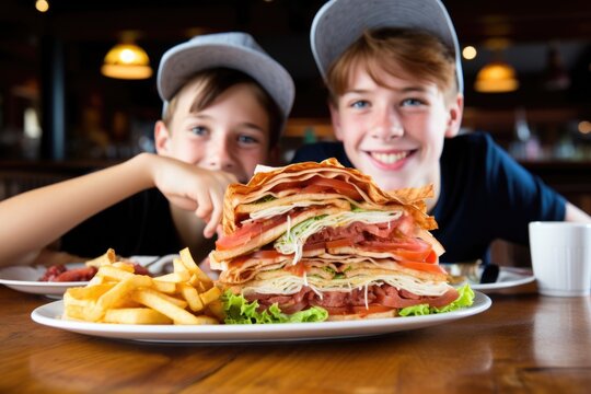 pair of tweens sharing a huge crispy bacon sandwich at lunch