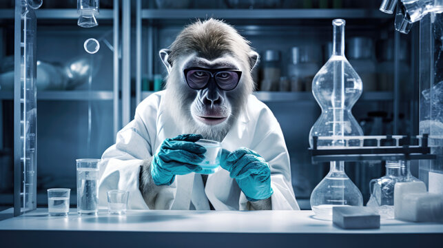 Little monkey wants to be a scientist, doing science experiments.