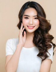 portrait beautiful asian woman, beige background concept skin care, makeup