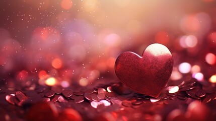 Valentine's Day backgrounds and backdrops in the same style for the design presentations or wallpaper: red, scarlet glass heart among sparkling beads glitter sequins, soft focus