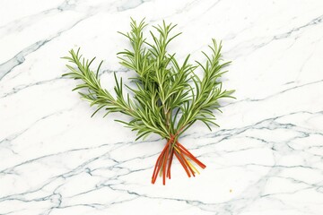 a handful of rosemary sprigs on a marble countertop - obrazy, fototapety, plakaty