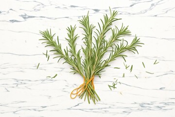 a handful of rosemary sprigs on a marble countertop - obrazy, fototapety, plakaty