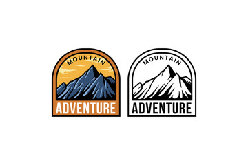 mountain badge adventure logo design with afternoon scene on frame for sport and adventure