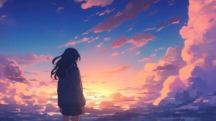 Slow flying clouds anime girl staring at skies. horizontal video backgrounds. Sundown cloudy weather. Colourful dreamy atmosphere Japan scenery. Manga chill lofi hip-hop artwork aesthetic.  - obrazy, fototapety, plakaty