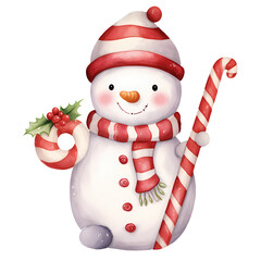 Fototapeta premium Cute Snowman Candy Cane Christmas Watercolor Clipart Illustration