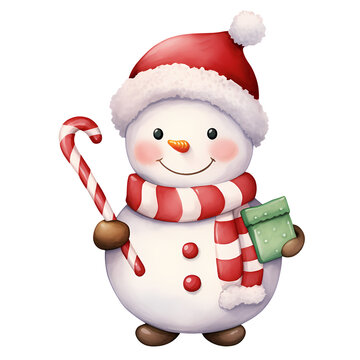 Cute Snowman Candy Cane Christmas Watercolor Clipart Illustration