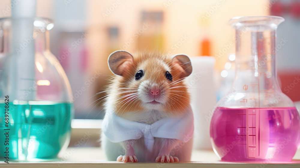 Wall mural little hamster Doing science experiments with test tubes and beakers in the laboratory.